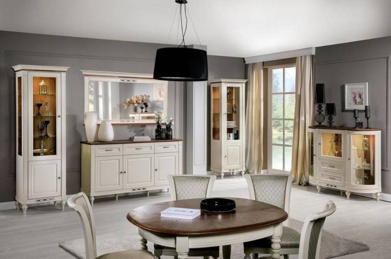 JVmoebel Wohnzimmer-Set Wohnzimmer Set Wohnwand Vitrine Lounge Set Wohnraum Anrichte Buffets, (5tlg Wohnzimmer Set (3x Vitrine + Sideboard + Spiegel), Made in Europa von JVmoebel