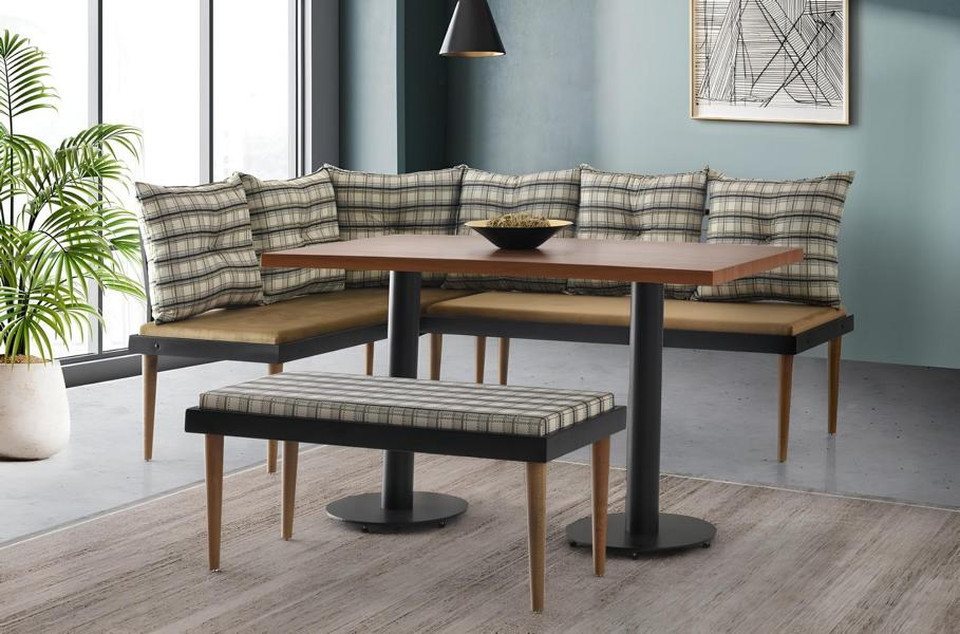 JVmoebel Sitzbank Essgruppe Essecke Esstisch Sitzbanke Tisch Bank Grün Esszimmer Eckbank (3-St., Sitzbanke + Tisch + Bank), Made in Europa von JVmoebel