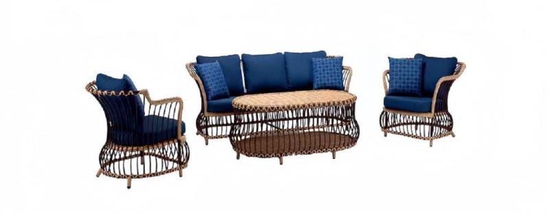JVmoebel Gartenlounge-Set Gartenmöbel Sofa 3 Sitzer Couchtisch Blau Sessel Dreisitzer Rattan, (4-tlg., 4tlg Set(Sofa 3 Sitzer+2x Sessel+Couchtisch), Made in Europa von JVmoebel