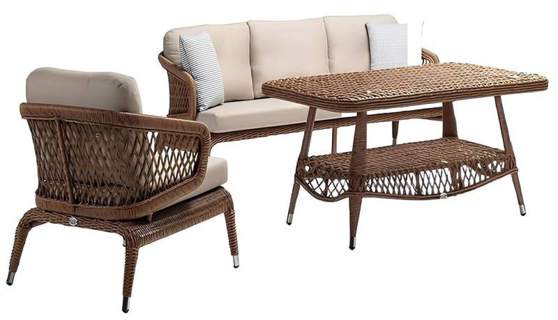 JVmoebel Gartenlounge-Set Robuste Garten Rattan Garnitur Couchtisch Gartenmöbel Braun Sessel, (3tlg Set(Sofa 3 Sitzer+Sessel+Couchtisch), Made in Europa von JVmoebel