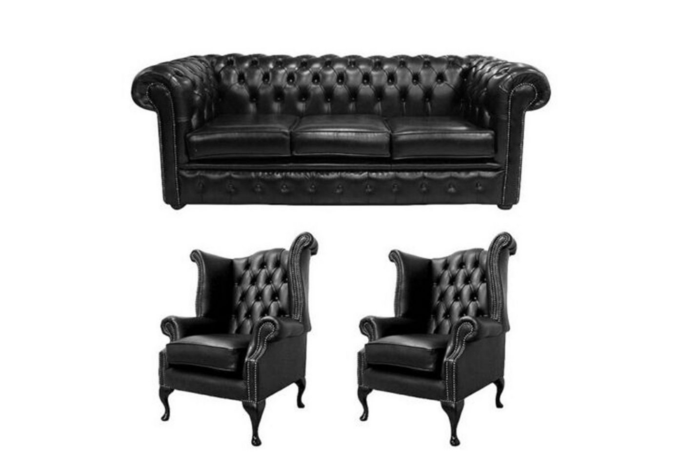 JVmoebel Sofa Schwarze Chesterfield Sofagarnitur 3-Sitzer + 2 Ohrensessel Modern, Made in Europe von JVmoebel