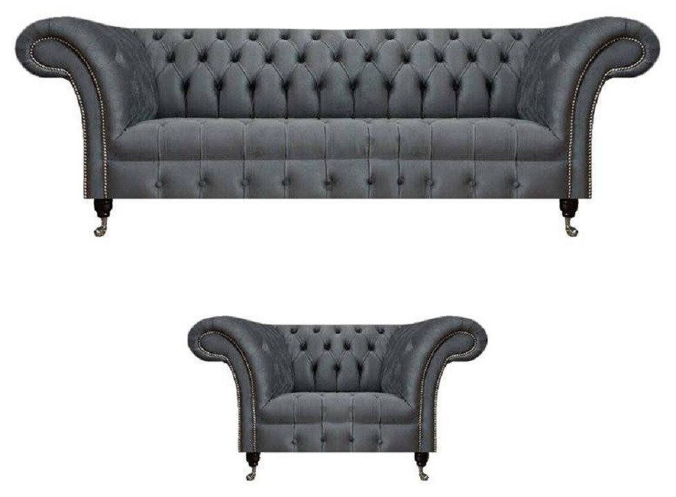 JVmoebel Chesterfield-Sofa Exklusive Graue Chesterfied Garnitur Designer Sessel Moderner 3-Sitzer, Made in Europa von JVmoebel