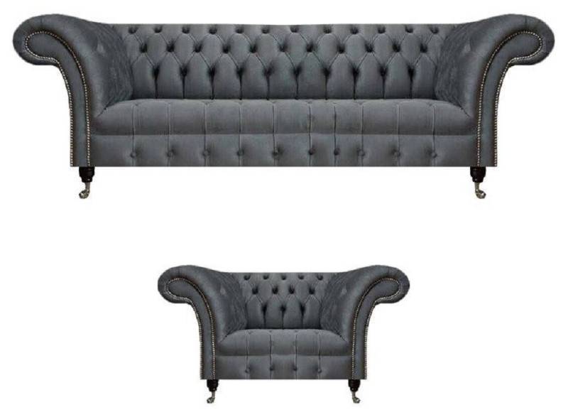 JVmoebel Chesterfield-Sofa Exklusive Graue Chesterfied Garnitur Designer Sessel Moderner 3-Sitzer, Made in Europa von JVmoebel
