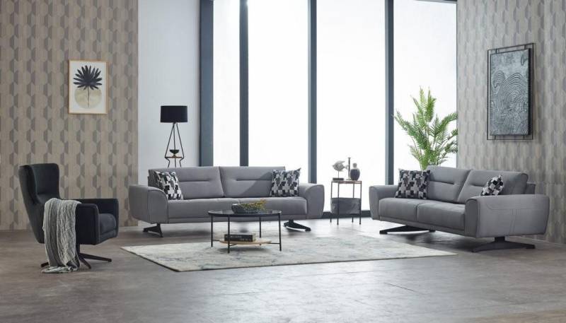 JVmoebel Polstergarnitur Garnitur Dreisitzer Sessel Couch Stoff 3tlg Polstersofa Sofa Grau Set, (Sofagarnitur 3 + 3 + 1 Sitzer), Made in Europa von JVmoebel