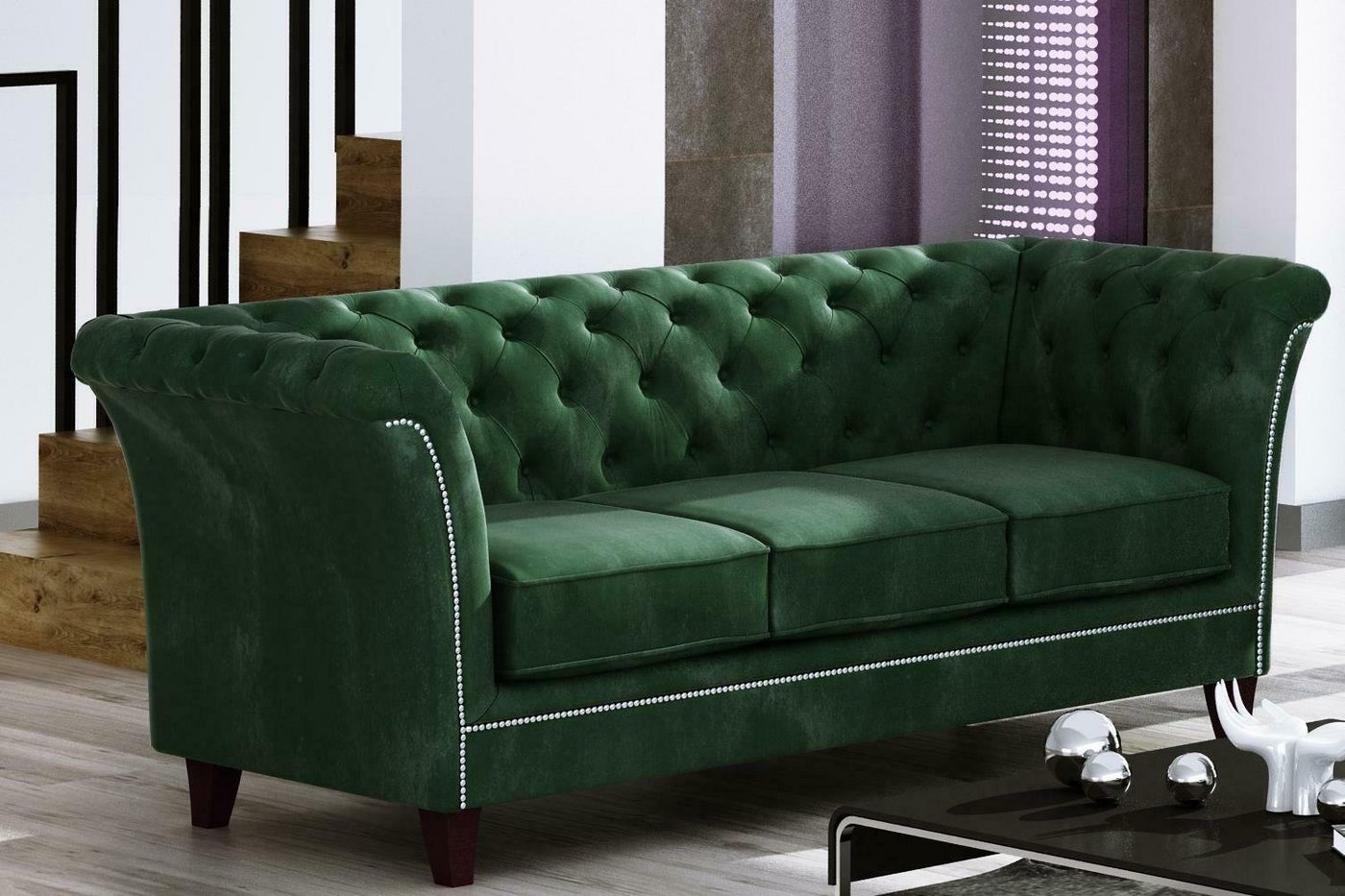 JVmoebel Sofa Grüner Dreisitzer Chesterfield Möbel Luxus 3-Sitzer Couch Edel Neu, Made in Europe von JVmoebel