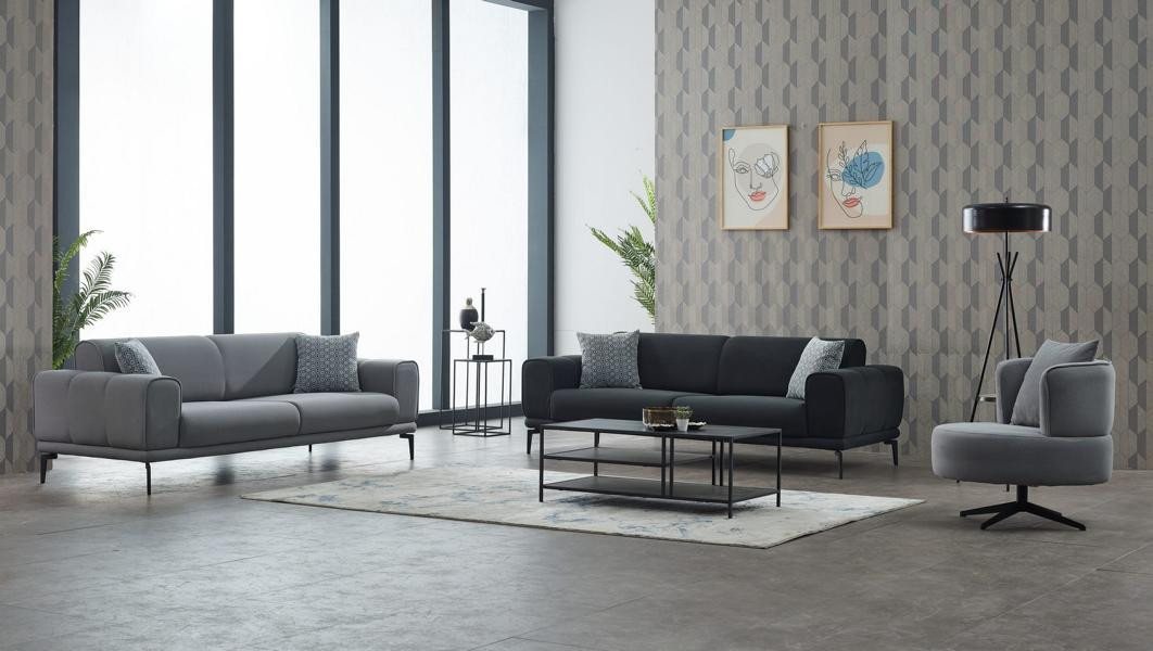 JVmoebel Sofa Komplette Couchgarnitur Polstersofa Dreisitzer Sessel Grau Stoffsofa, Made in Europa JVmoebel Sofa Komplette Couchgarnitur Polstersofa Dreisitzer Sessel Grau Stoffsofa, Made in Europa von JVmoebel
