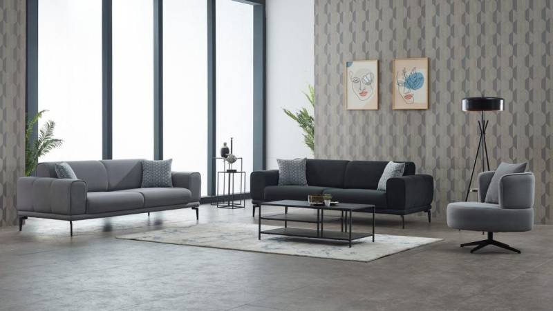 JVmoebel Sofa Komplette Couchgarnitur Polstersofa Dreisitzer Sessel Grau Stoffsofa, Made in Europa von JVmoebel