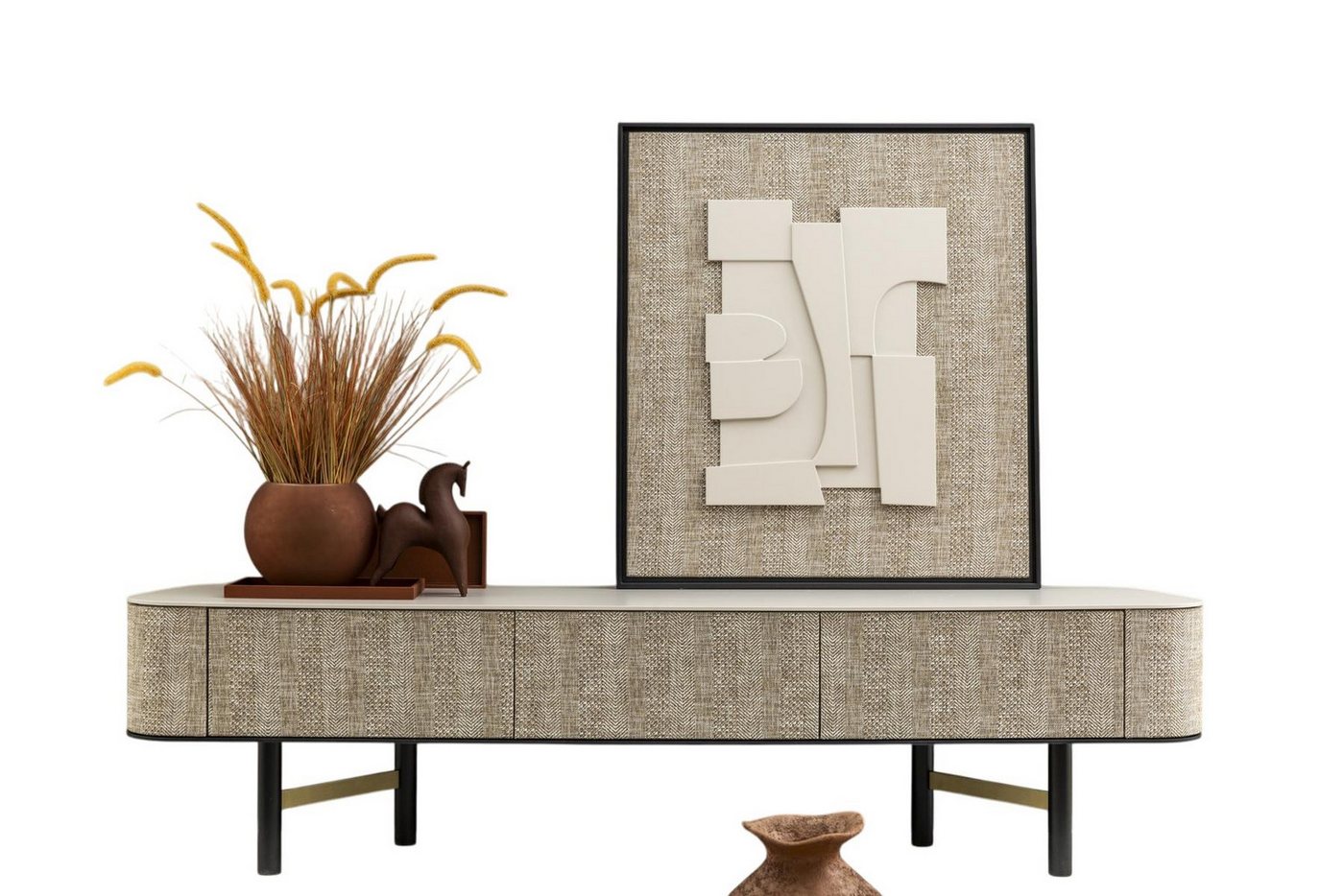 JVmoebel TV-Schrank Eleganter Beiger Holz TV-Ständer mit Kunstbild im modernen Stil (2-St., TV-Ständer, Bild) Made in Europe von JVmoebel