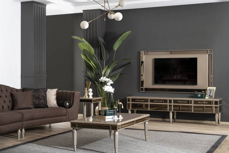 JVmoebel TV-Wand Elegantes Goldenes Designer Sideboard für das Wohnzimmer 2-teilig, (2-St., 1x Lowboard + 1x TV Rahmen), Made in Europa von JVmoebel