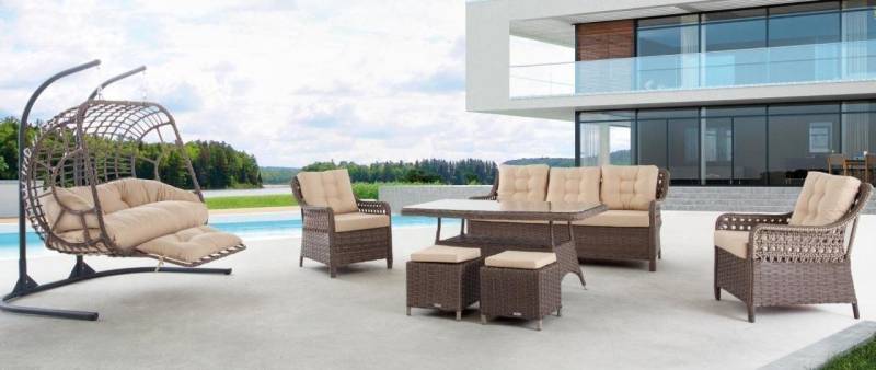 JVmoebel Gartenlounge-Set Gartenmöbel Sofagarnitur Tisch Sessel Sitzgruppen Veranda Hocker 6tlg., Made in Europa von JVmoebel