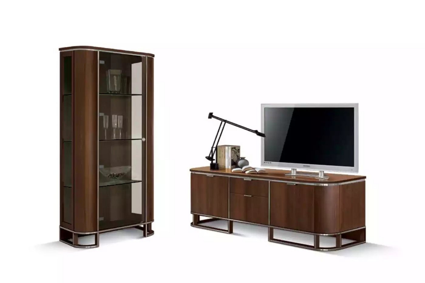 JVmoebel Wohnwand Braun Hochglanz TV-Ständer für Wand und Wohnraum Vitrine, (2-St., TV-Ständer + Vitrine), Made in Europa von JVmoebel