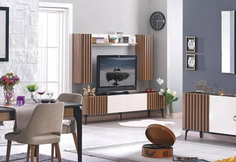 JVmoebel Wohnwand Braun rtv Wohnwand tv Wand Regal Wohnzimmer Fernseher Vitrine, (4-St., 4tlg Wohnzimmer Set (TV Ständer + 2x Wandschrank + Wandregal), Made in Europa von JVmoebel