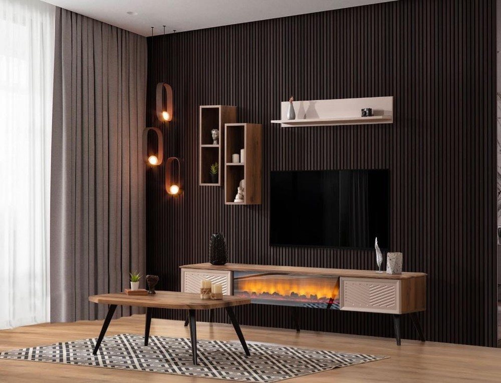 JVmoebel Wohnwand Designer Holz Wohnwand mit Couchtisch und 2 Regalen für Wohnzimmer, (4-St., RTV Lowboard + 2х Regale + Couchtisch), Made in Europa von JVmoebel