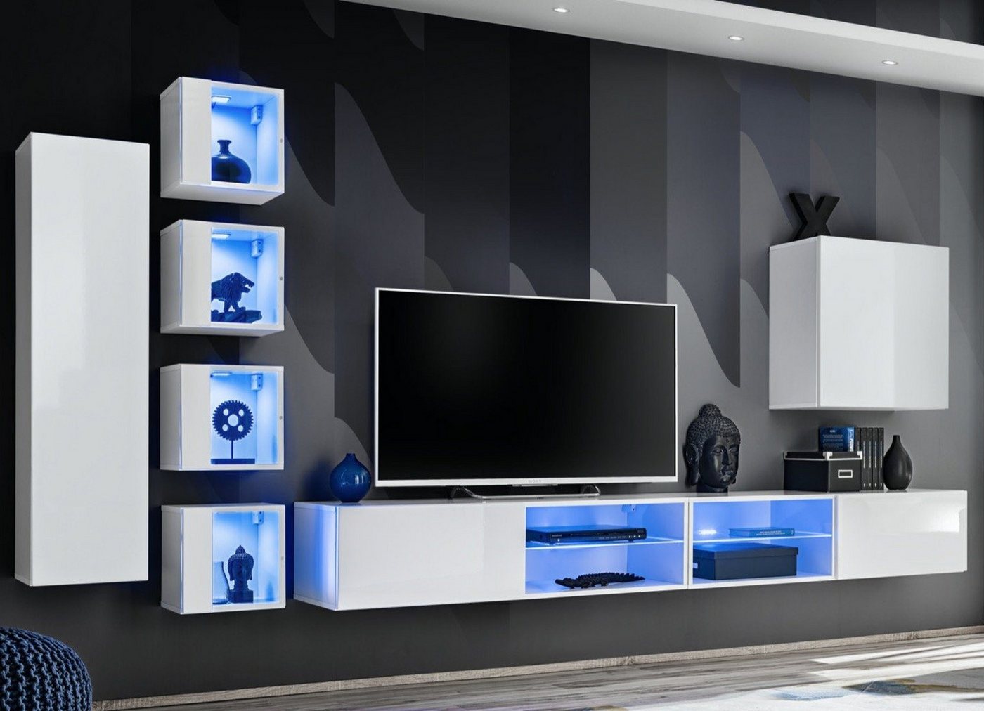 JVmoebel Wohnwand Designer TV-Ständer Modernes Wandregal Pflegeleichte Holzmöbel, (8-St., 2x TV Ständer + 6x Wandschrank), Made in Europa von JVmoebel