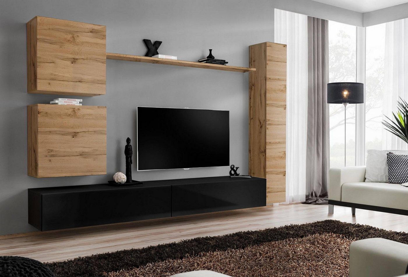 JVmoebel Wohnwand Designer Wandregal Braun - Elegantes Holzsideboard für die Wand, (7-St., Wohnwand + 2x TV Ständer + 3x Wandschrank + Wandregal), Made in Europa von JVmoebel