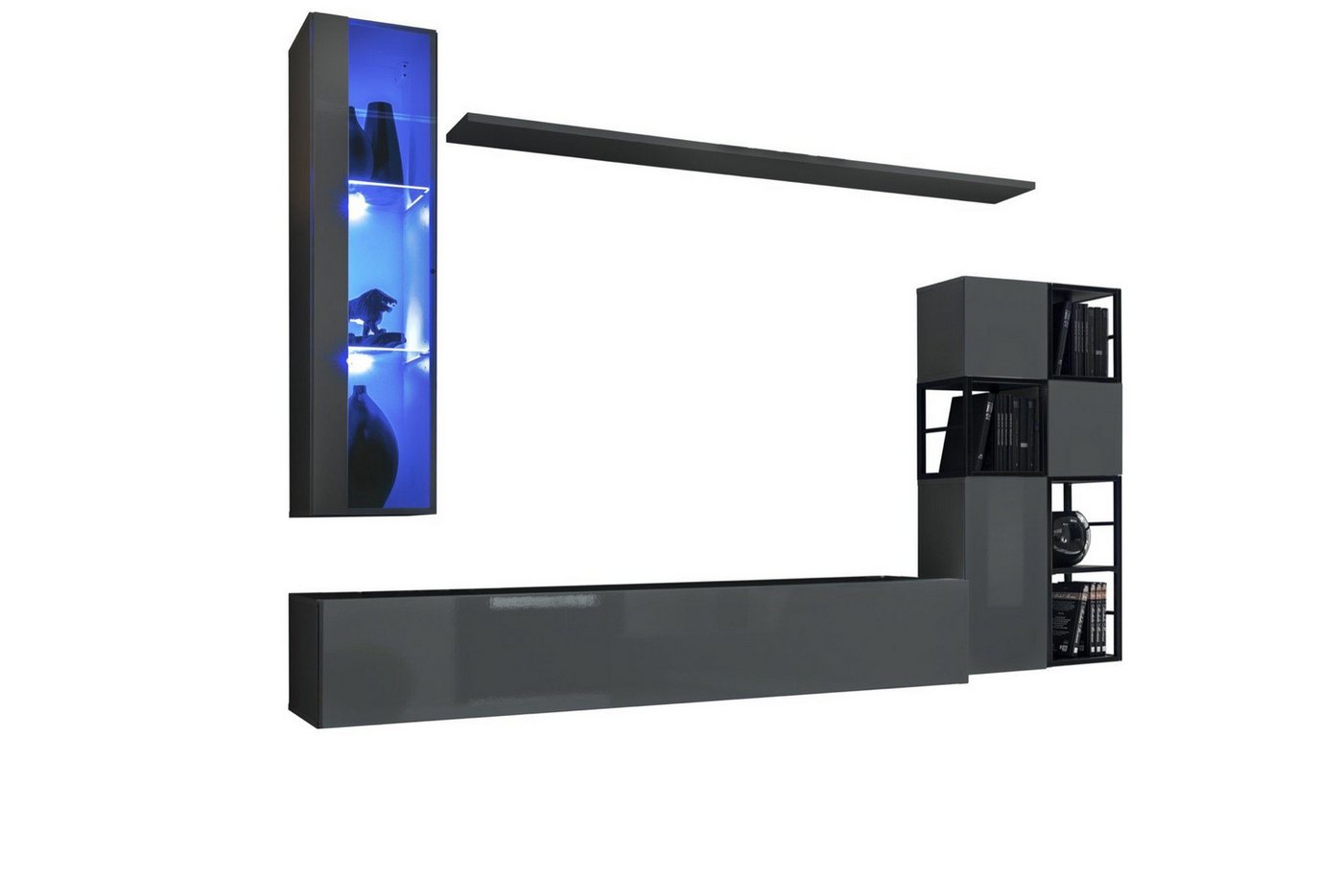 JVmoebel Wohnwand Designer Wohnwand Grau Hänge Vitrine TV Ständer Komplett Hochglanz, (9-St., TV Ständer + Hänge Vitrine + 3x Wandschrank + 4x Wandregal), LED beleuchtet von JVmoebel