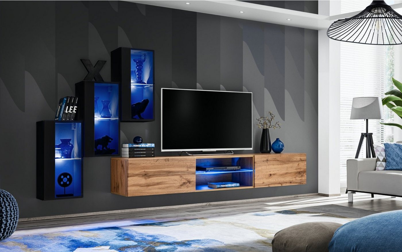 JVmoebel Wohnwand Designer Wohnwand Set 4 Teile Elegante Holzmöbel Einrichtung, (4-St., TV Ständer + 3x Hänge Vitrine), Made in Europa von JVmoebel
