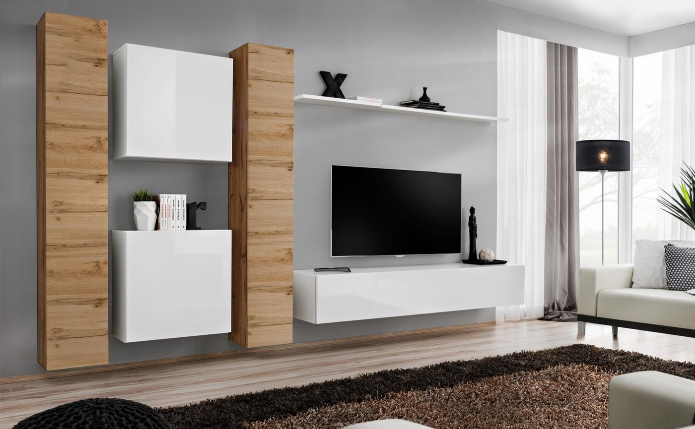 JVmoebel Wohnwand Designer Wohnwand Set Weiß aus Holz - Komplettes Wohnzimmermöbel, (7-St., Wohnwand + TV Ständer + 4x Wandschrank + Wandregal), Made in Europa von JVmoebel