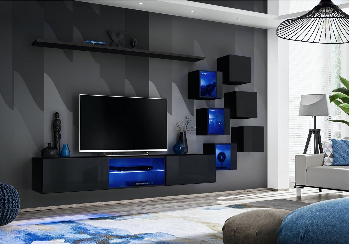 JVmoebel Wohnwand Designer Wohnwand Set in Schwarz – Moderne Holzmöbel, (8-St., TV Ständer + 6x Wandschrank + Wandregal), Made in Europa von JVmoebel