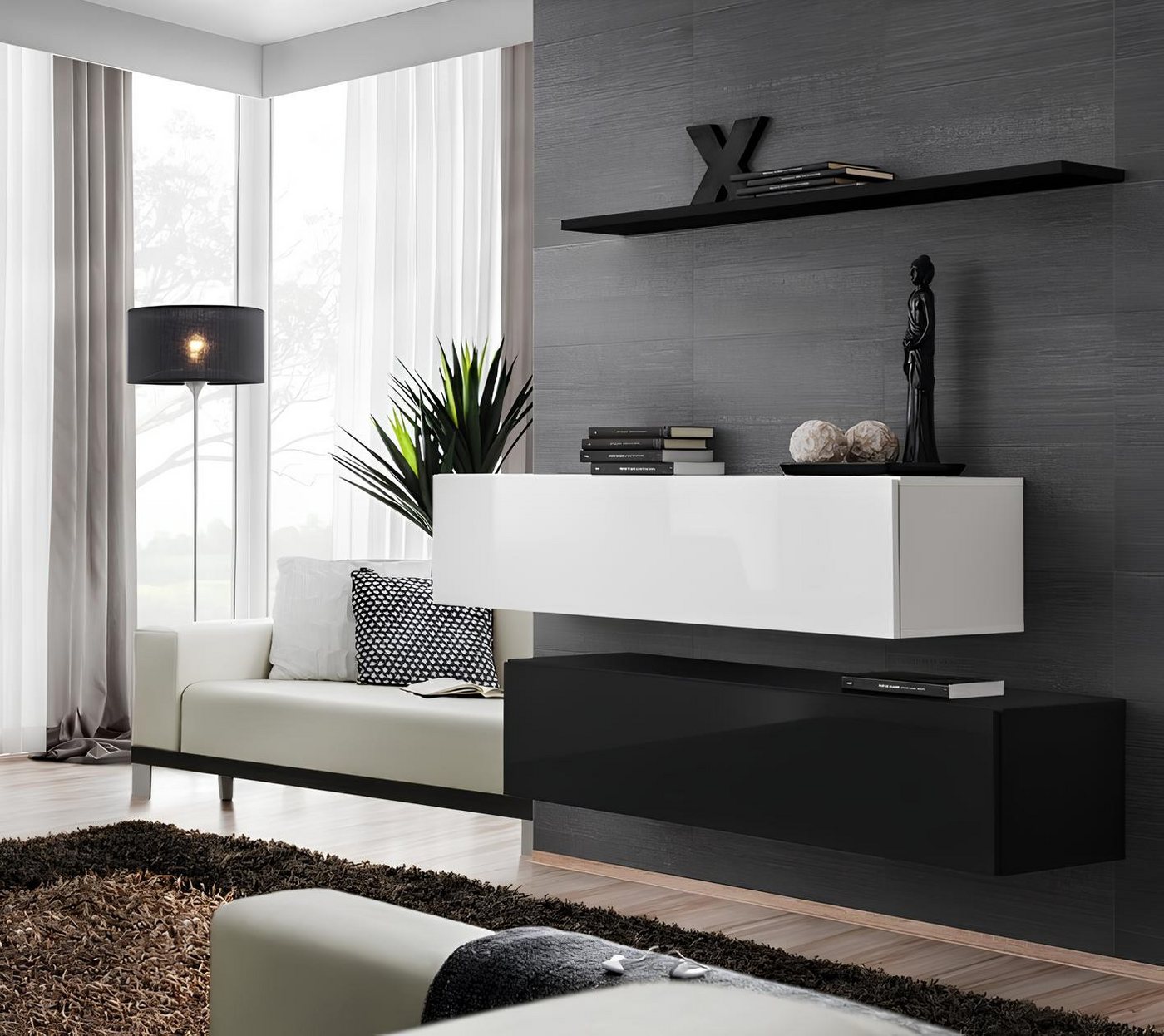 JVmoebel Wohnwand Designer Wohnwand Set in Schwarz - Modernes Wandregal und Schränke, (3-St., Nur 2x Wandschrank + Wandregal), Made in Europa von JVmoebel