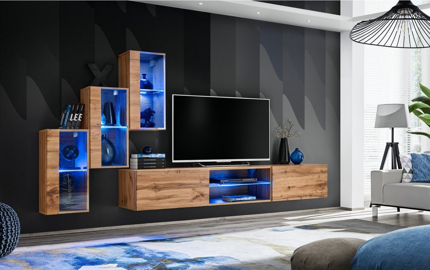 JVmoebel Wohnwand Designer Wohnwand Set mit TV-Ständer und Hänge-Vitrinen, (4-St., TV Ständer + 3x Hänge Vitrine), Made in Europa von JVmoebel