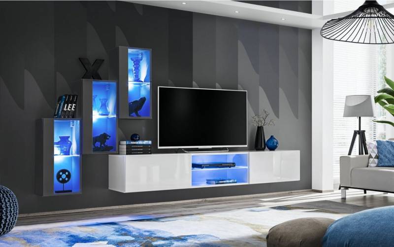 JVmoebel Wohnwand Designer Wohnwand aus Holz für TV und Stauraum in Luxus-Optik, (4-St., TV Ständer + 3x Hänge Vitrine), Made in Europa von JVmoebel