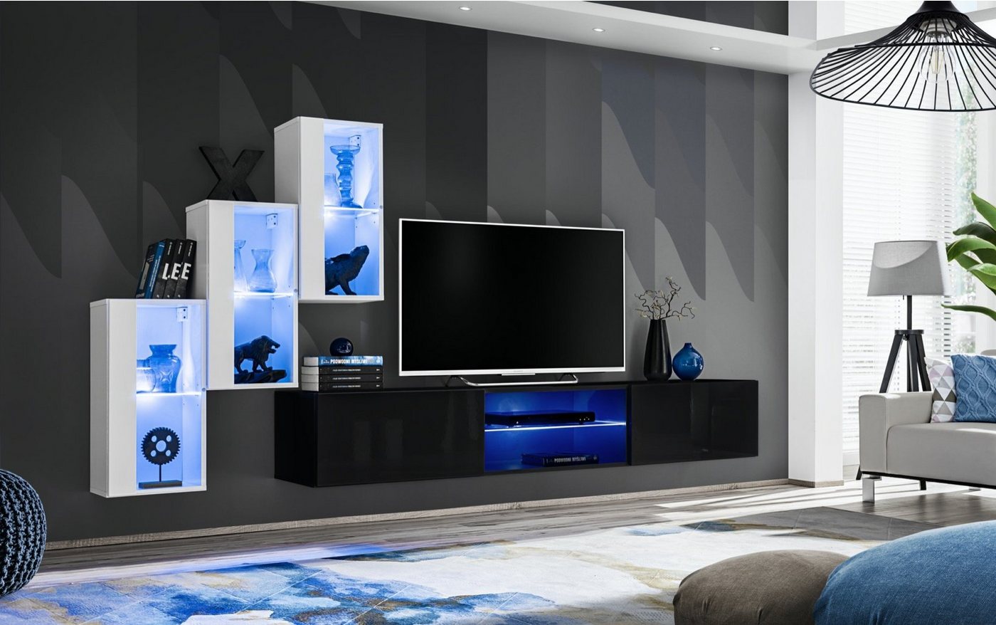 JVmoebel Wohnwand Designer Wohnwand mit 3 Hängeschränken für modernes Wohnen, (4-St., TV Ständer + 3x Hänge Vitrine), Made in Europa von JVmoebel