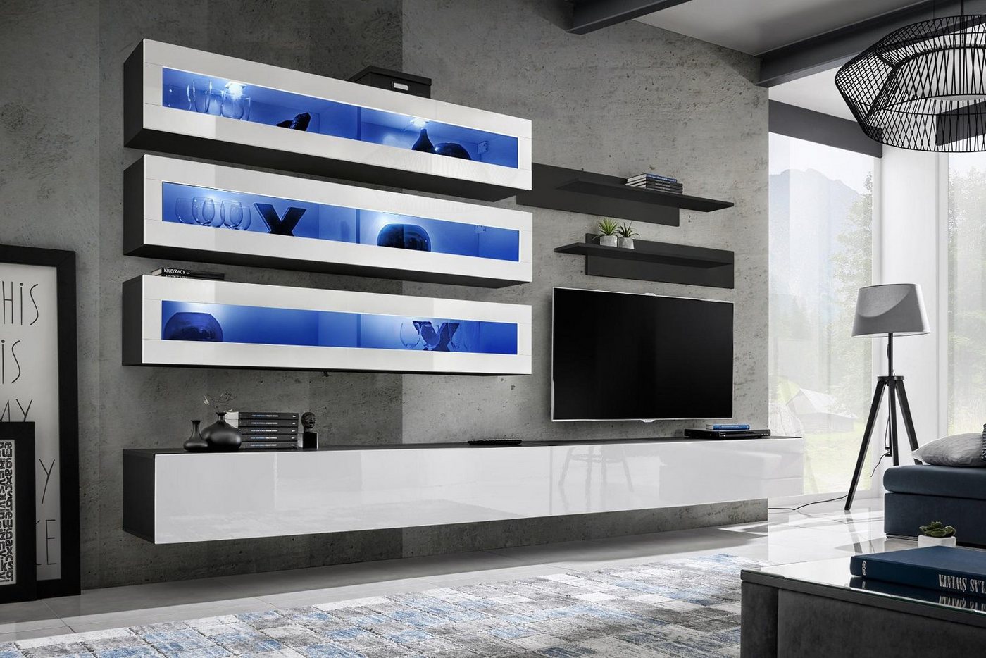 JVmoebel Wohnwand Designermöbel Set für das Luxus Wohnzimmer - Sideboard & Wohnwand, (8-St., 1x Wohnwand + 2x TV Ständer + 3x Wandschrank + 2x Wandregal), Made in Europa von JVmoebel