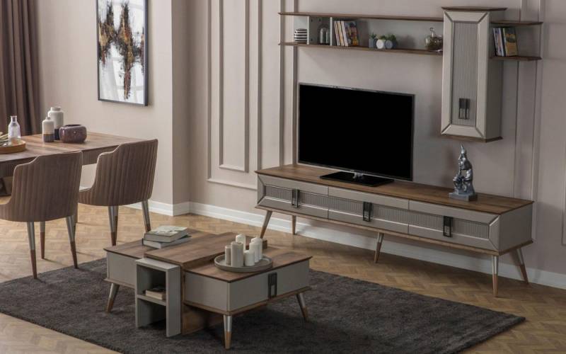 JVmoebel Wohnwand Designersatz für Wohnzimmer: Couchtisch, TV-Ständer & Regale aus Holz, (3-St., Set Wohnzimmer 3tlg (TV-Ständer + Regale + Couchtisch), Made in Europa von JVmoebel