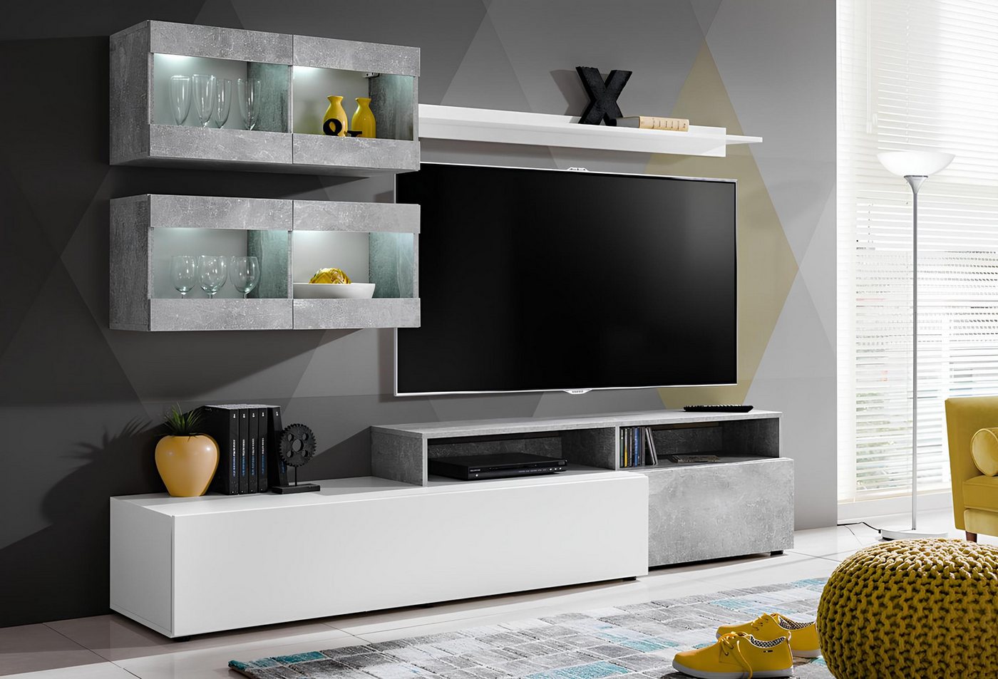 JVmoebel Wohnwand Elegante Grau Wohnwand mit TV-Ständer und Wandschrank Möbel, (4-St., TV-Ständer/Regal/2x Wandschrank), Made in Europa von JVmoebel