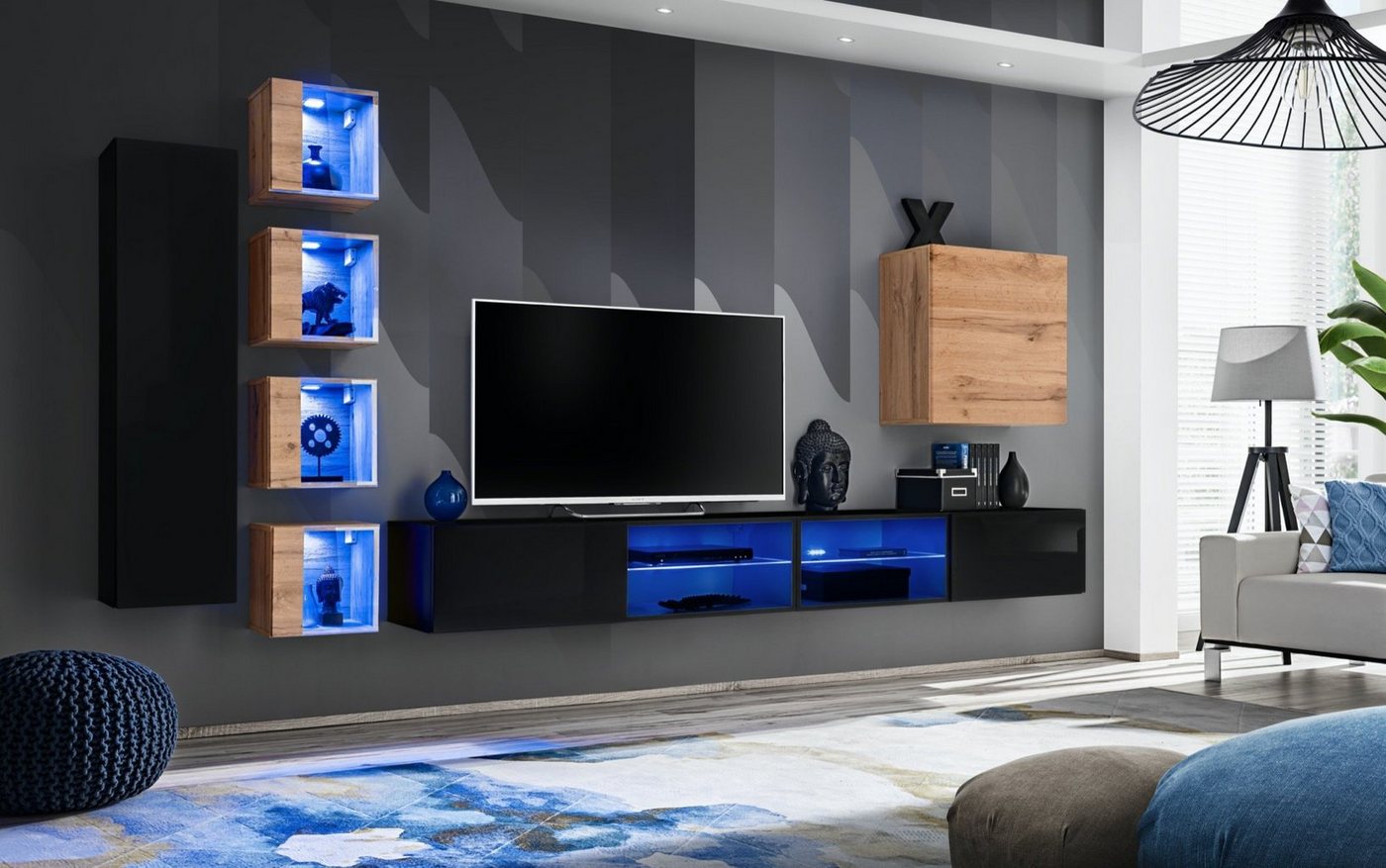 JVmoebel Wohnwand Elegante Wohnwand Designer Möbel Luxus TV Regal Wandschrank, (8-St., 2x TV Ständer + 6x Wandschrank), Made in Europa von JVmoebel