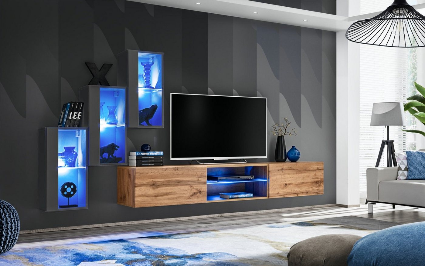 JVmoebel Wohnwand Elegante Wohnwand aus 4 Teilen mit Hängevitrinen & TV-Ständer, (4-St., TV Ständer + 3x Hänge Vitrine), Made in Europa von JVmoebel