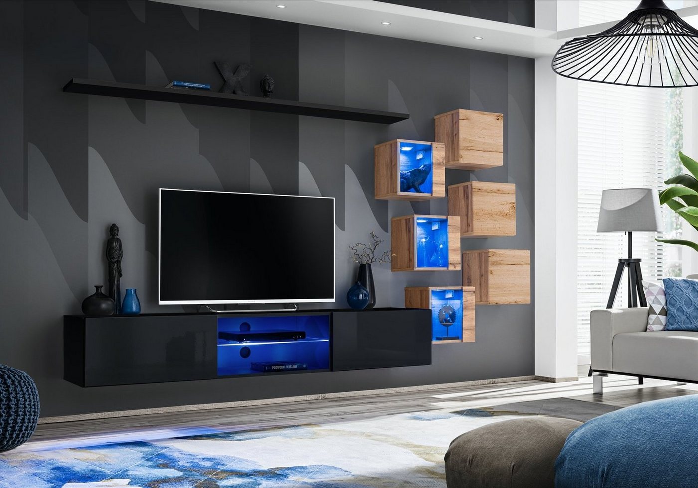 JVmoebel Wohnwand Elegante Wohnwand für das Designer-Wohnzimmer mit TV-Ständer, (8-St., TV Ständer + 6x Wandschrank + Wandregal), Made in Europa von JVmoebel