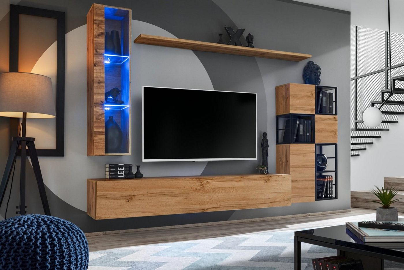 JVmoebel Wohnwand Elegante Wohnwand in Braun - TV-Ständer für stilvolles Wohnzimmer, (9-St., TV Ständer + Hänge Vitrine + 3x Wandschrank + 4x Wandregal), Made in Europa von JVmoebel