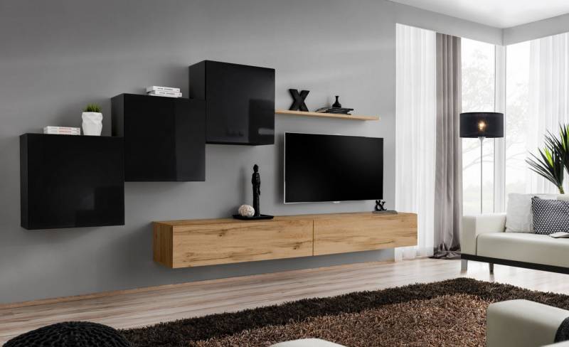 JVmoebel Wohnwand Elegantes Wohnzimmer-Set: TV Möbel, Sideboard in Braun, (7-St., Wohnwand + 2x TV Ständer + 3x Wandschrank + Wandregal), Made in Europa von JVmoebel