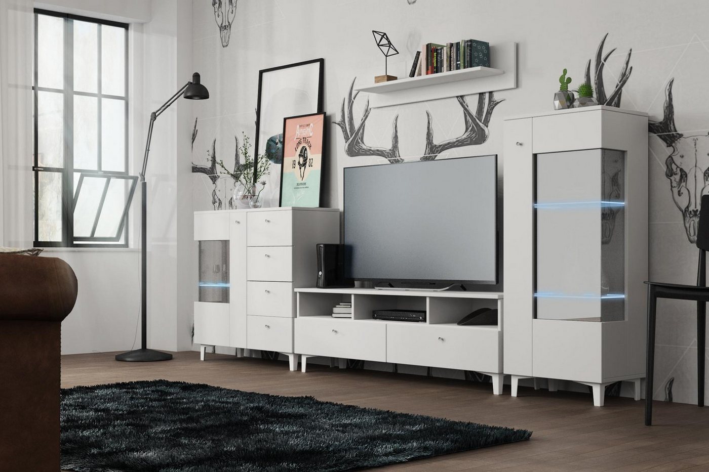 JVmoebel Wohnwand Elegantes Wohnzimmer-Set: Vitrine, Kommode und Wandregal, (4-St., RTV/Kommode/Vitrine/Wandregal), Made in Europa von JVmoebel