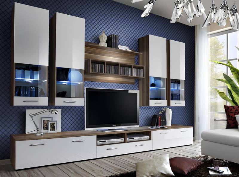 JVmoebel Wohnwand Garnitur TV Ständer Lowboard Designer Wandschrank Holz Luxus Möbel, (8-St., 3x TV-Ständer/Wandregal/4x Wandschrank), Made in Europa von JVmoebel