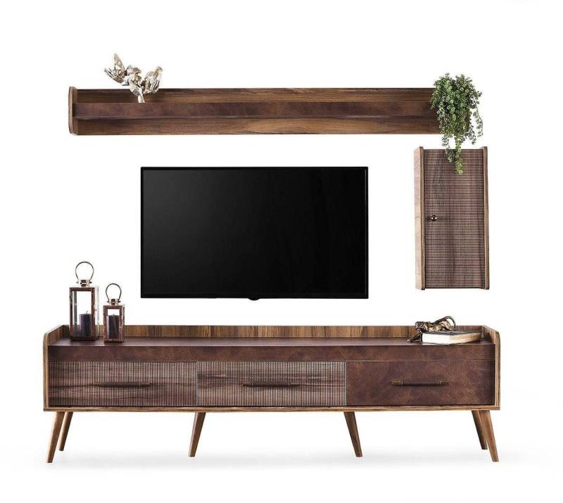 JVmoebel Wohnwand Garnitur Wohnzimmer TV Ständer Wandschrank Braun Holz Regal, (3-St., RTV + Wandschrank + Regal), Made in Europa von JVmoebel
