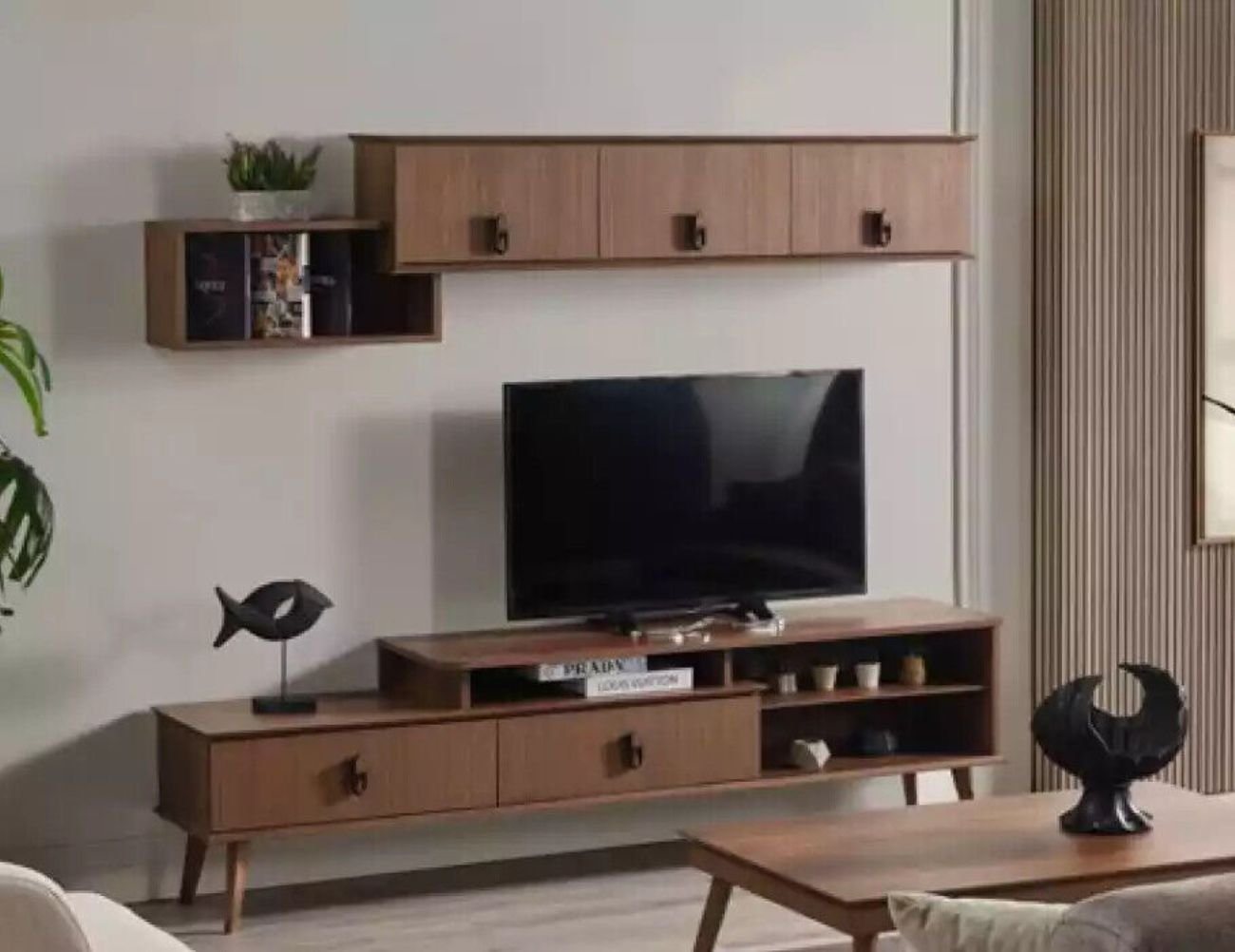 JVmoebel Wohnwand Garnitur rtv Set 2tlg. Wohnwand TV Lowboard Wandschrank Braun Design, (2-St., 1x Lowboard + 1x Wandschrank), Made in Italy von JVmoebel