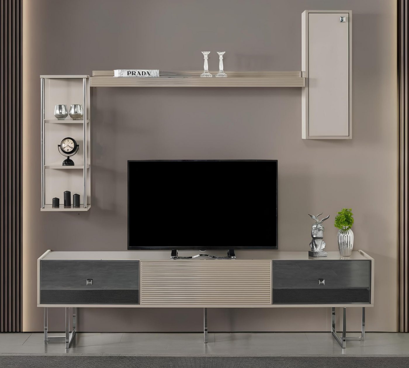 JVmoebel Wohnwand Grau HolzTV Möbel mit Regalen für das Wohnzimmer Lowboard, (2-St., TV-Ständer + Regale), Made in Europa von JVmoebel