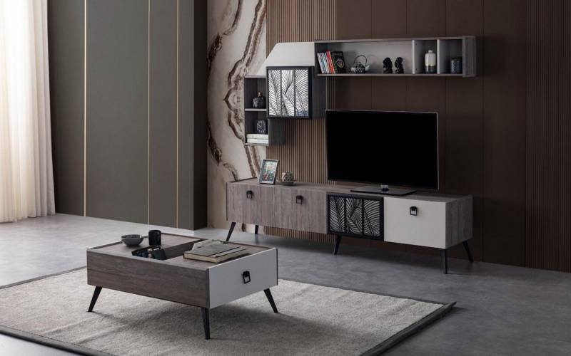 JVmoebel Wohnwand Grau TV-Möbel Set 3-teilig mit Lowboard und Sofatisch für Wohnzimmer, (3-St., TV-Ständer + Wandschränke + Couchtisch), Made in Europa von JVmoebel