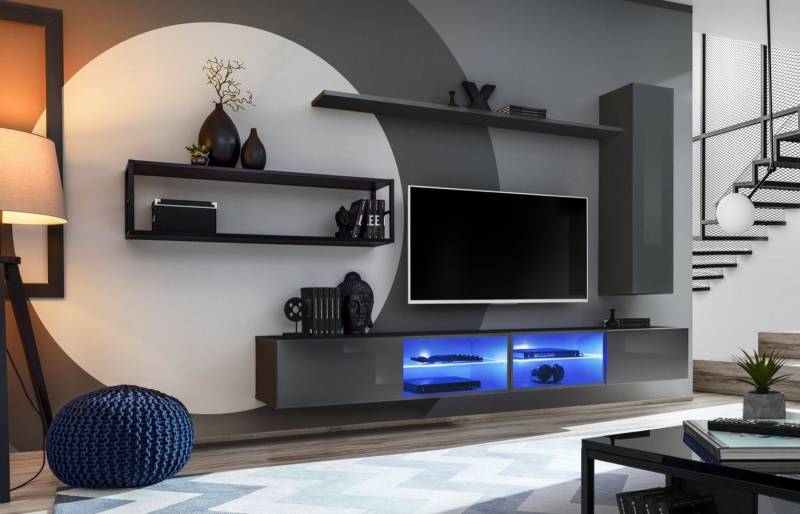 JVmoebel Wohnwand Grau TV Wandmöbel Luxus Wandschrank Regale für Wohnzimmer, (5-St., 2x TV Ständer + Wandschrank + 2x Wandregal), Made in Europa von JVmoebel