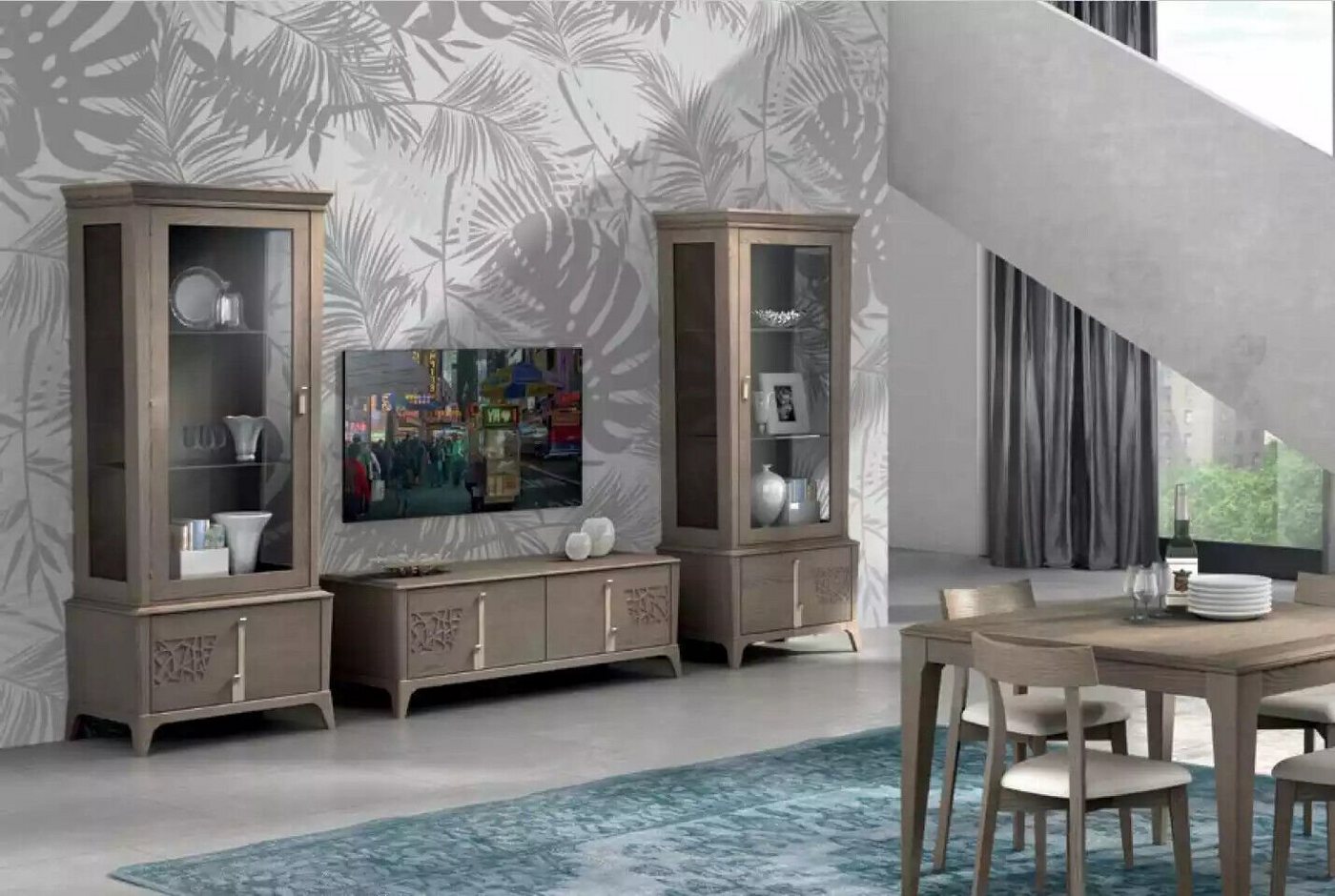 JVmoebel Wohnwand Grau Wohnwand Klassische TV-Ständer Wohnzimmer Vitrine Sideboard, (3-St., Nur TV-Ständer + 2x Vitrine), Made in Italy von JVmoebel