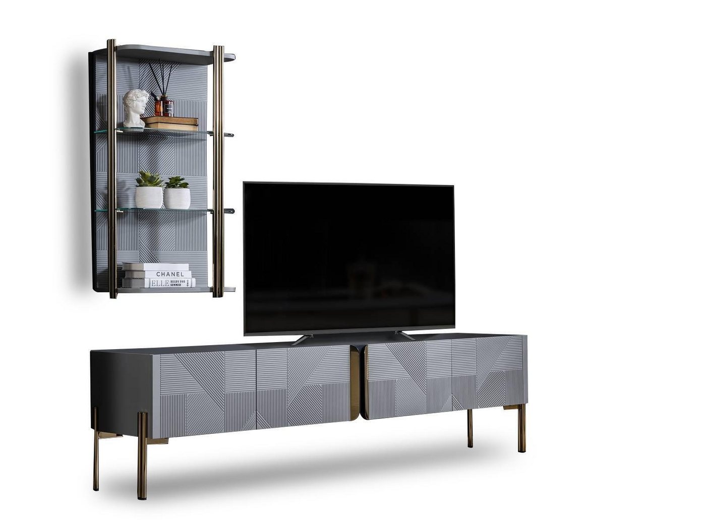 JVmoebel Wohnwand Grauer Wohnzimmer Designer TV-Schrank Luxuriöser Wandschrank Wohnset, (2-St., 1x TV-Schrank + 1x Wandschrank), Made in Europa von JVmoebel