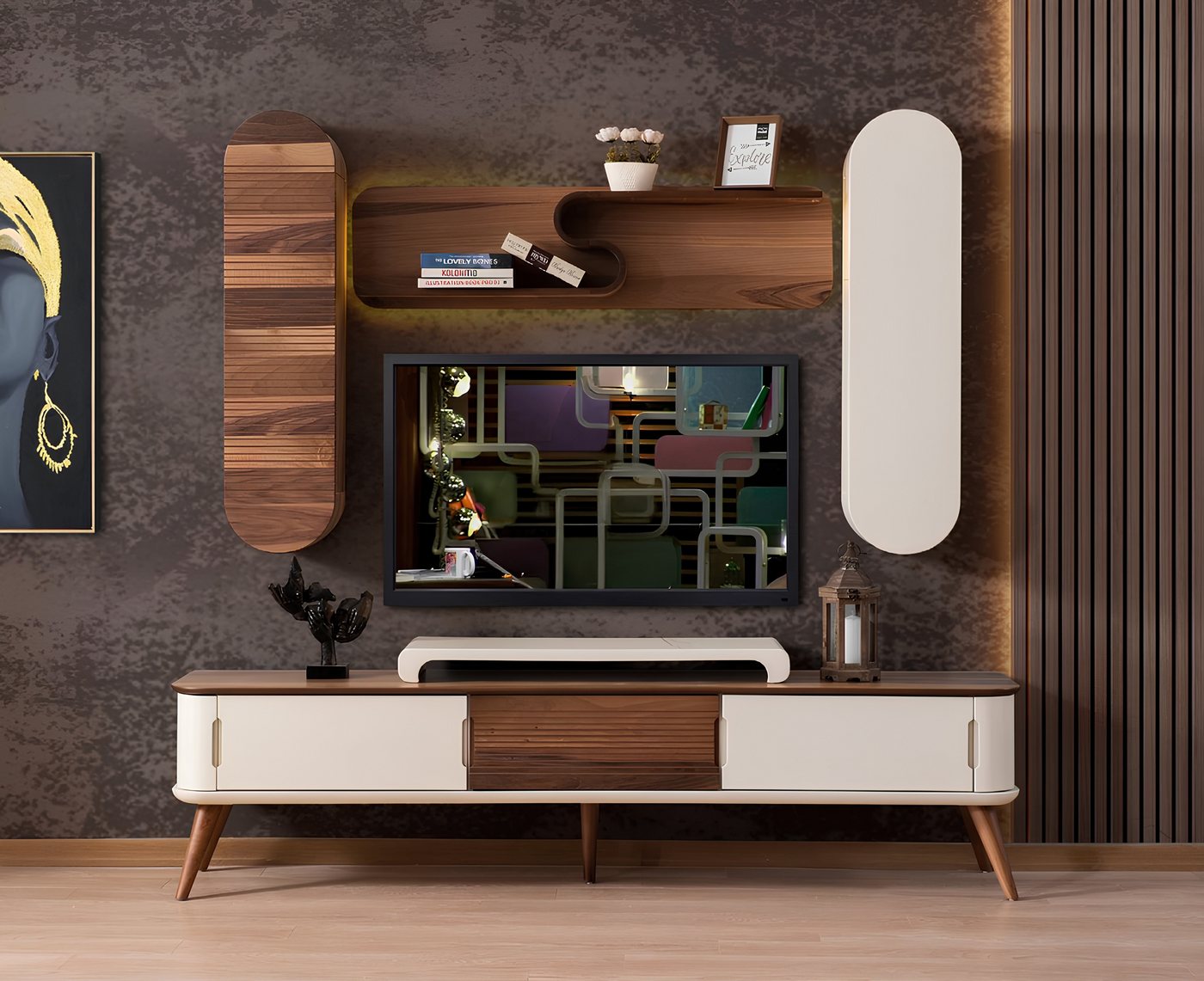 JVmoebel Wohnwand Gruppe RTV Lowboard TV Ständer Braun Wohnzimmer Set 4tlg Braun, (4-St), Made in Europa von JVmoebel