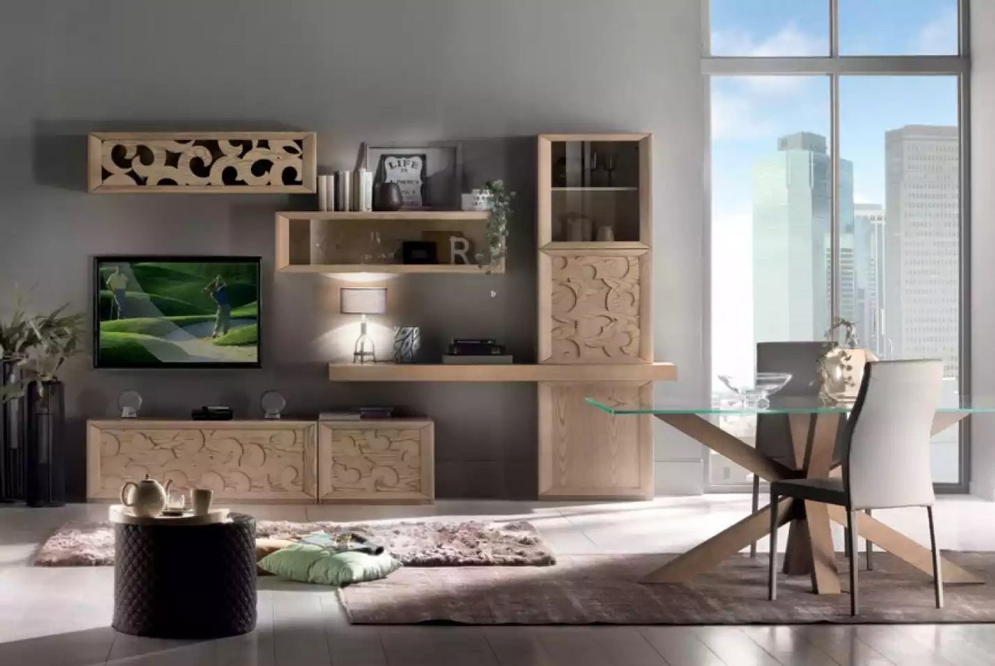 JVmoebel Wohnwand Italienische Holz Wohnwand im klassischen Stil für Ihr Wohnzimmer, (3-St., Nur Wohnwand), Made in Europa von JVmoebel