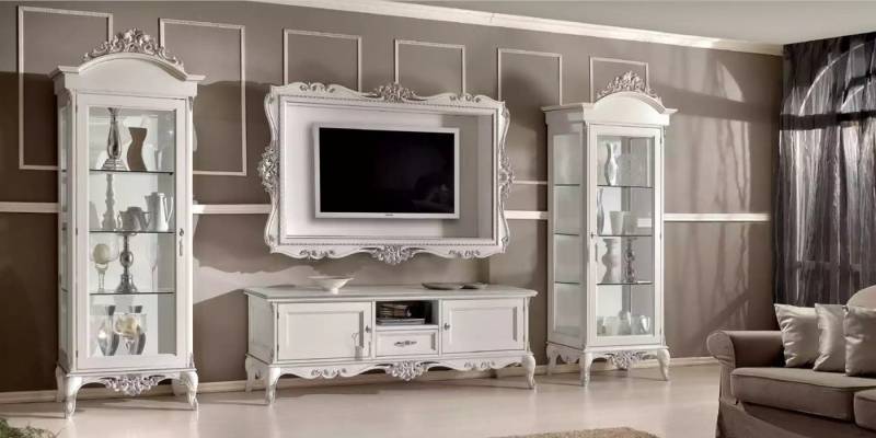 JVmoebel Wohnwand Klassische Wohnwand Set mit 2 Vitrinen und TV-Rahmen 4-teilig, (4-St., Nur Lowboard + 2x Vitrine + TV-Rahmen), Made in Europa von JVmoebel