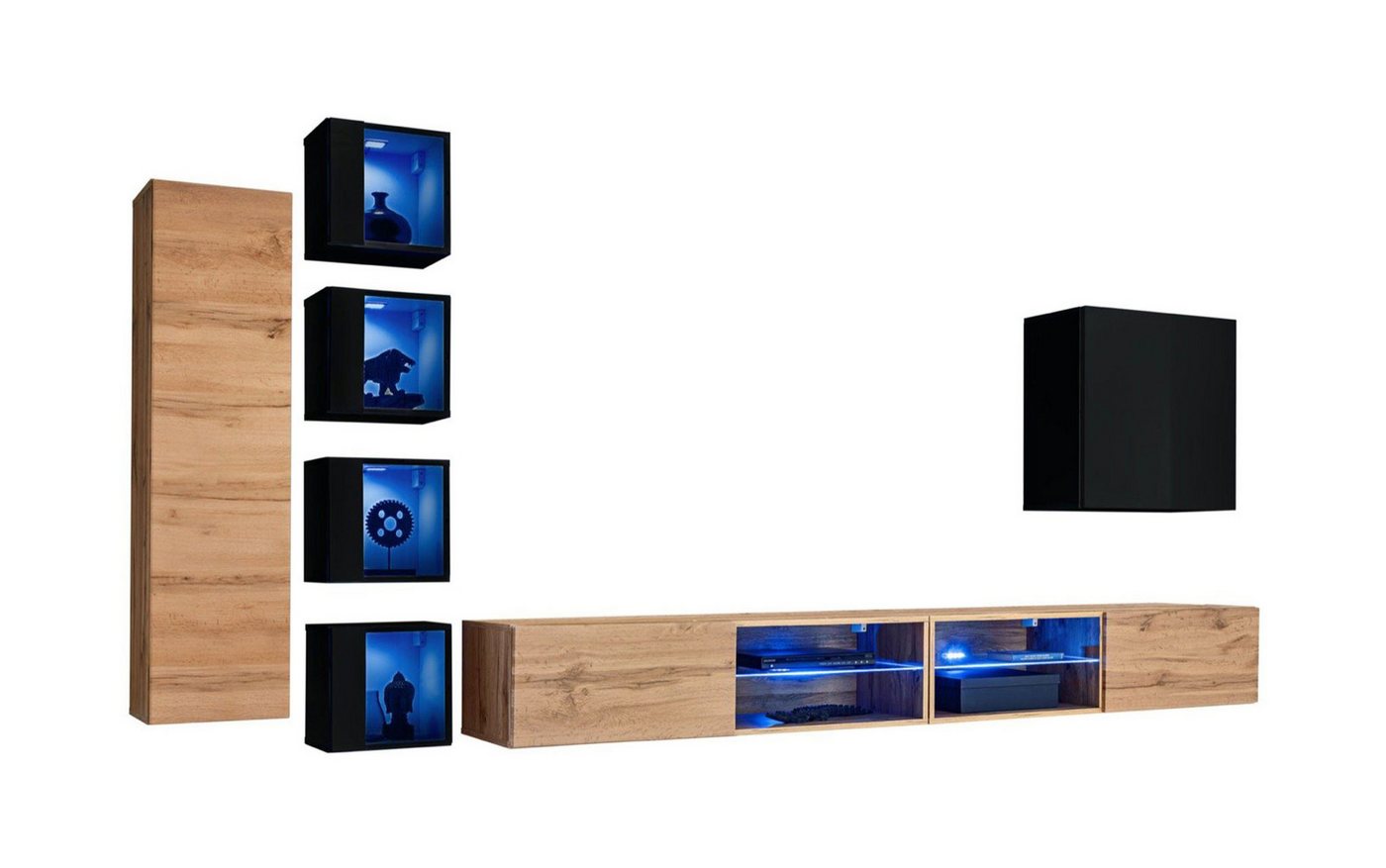 JVmoebel Wohnwand Komplett Designer Modern Wohnwand Wand Regale TV-Ständer Wandschrank, (8-St., 2x TV Ständer + 6x Wandschrank), LED beleuchtet von JVmoebel