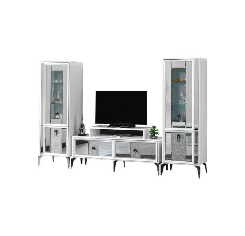 JVmoebel Wohnwand Komplette Wohnzimmer RTV Lowboard TV Ständer Vitrine Weiß 3tlg Schrank, (3-St., RTV), Made in Europa von JVmoebel