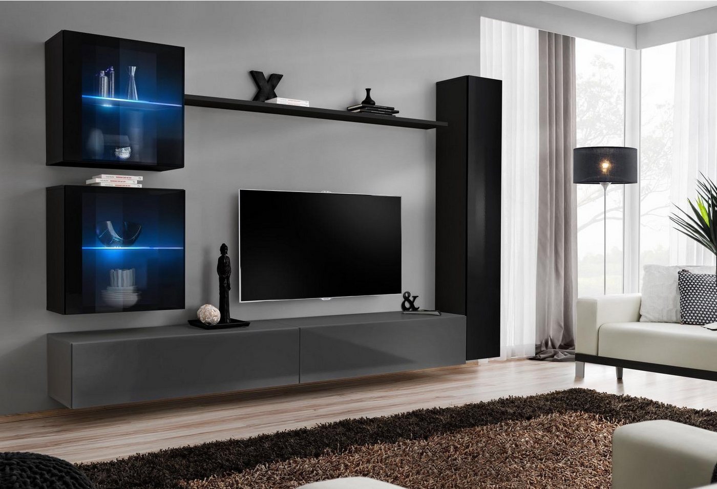 JVmoebel Wohnwand Luxuriöse Designer-Wohnwand in Schwarz für das Wohnzimmer, (7-St), Made in Europa von JVmoebel